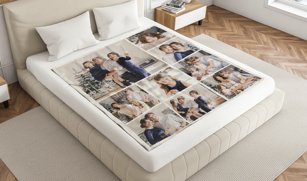 Große Fotodecke auf Doppelbett mit Bild eines Mädchens