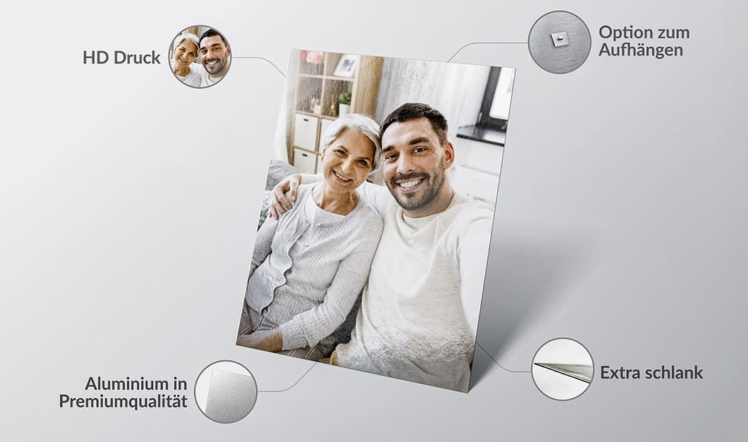 Personalisiertes Foto auf hochwertigem Aluminium-Dibond, HD-Druck, extra schlank, mit Aufhängevorrichtung.