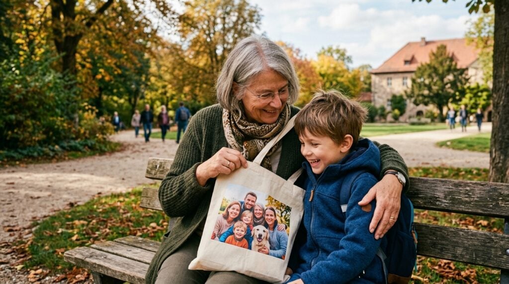 personalisierte stofftasche gestalten - A heartwarming, candid shot of a grandmother and her young grandchild sitting together on a park bench in Germany, bathed in soft afternoon light. They are both looking at a personalized tote bag resting between them, which features a bright, happy family portrait. The mood is warm, loving, and nostalgic. The focus is on their connection and the shared memory on the bag.