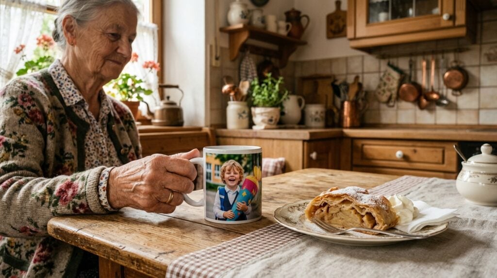 Kühlschrankmagnete selbst gestalten - Eine gemütliche deutsche Küche im Landhausstil. Die Hände einer Oma stellen eine personalisierte Fototasse neben einen Teller mit einem Stück Apfelstrudel. Auf der Tasse ist ein fröhliches Foto ihres lachenden Enkels mit einer Schultüte. Die Stimmung ist herzlich und ruhig, das Licht ist warm.