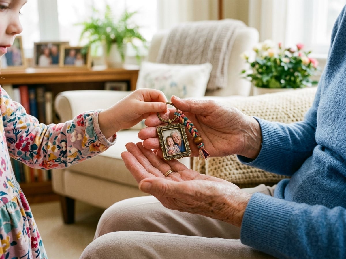 A grandparent's hands with gentle wrinkles are shown receiving a small, beautifully crafted photo keychain from the small hands of a grandchild. The focus is on the hands and the keychain, conveying connection across generations. The setting is a bright and cheerful living room.