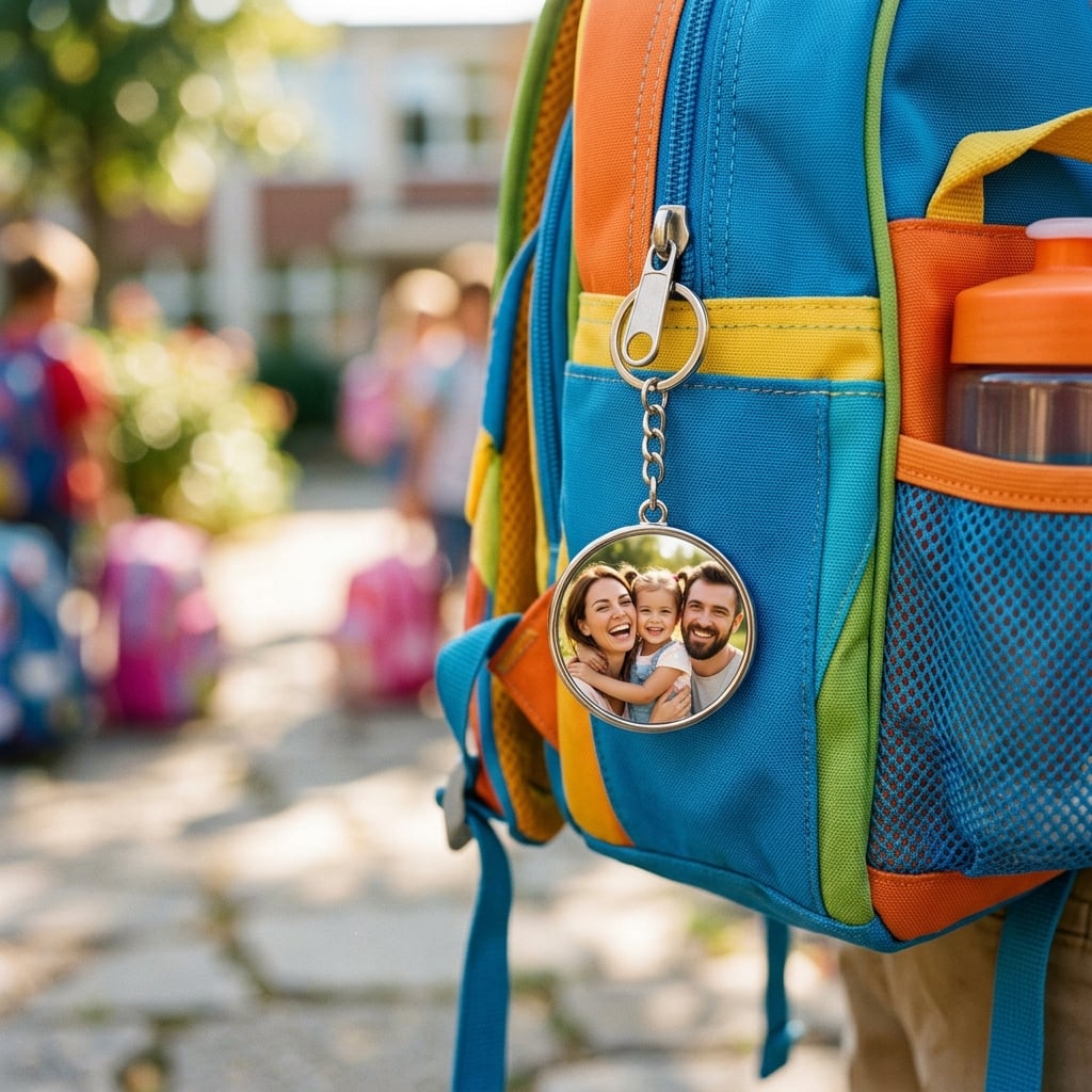 A vibrant, personalized photo keychain hanging from the zipper of a child's new, colorful school backpack. The photo on the keychain is a happy family portrait. The image is tightly cropped to focus on the backpack and keychain, symbolizing a loving send-off on the first day of school.