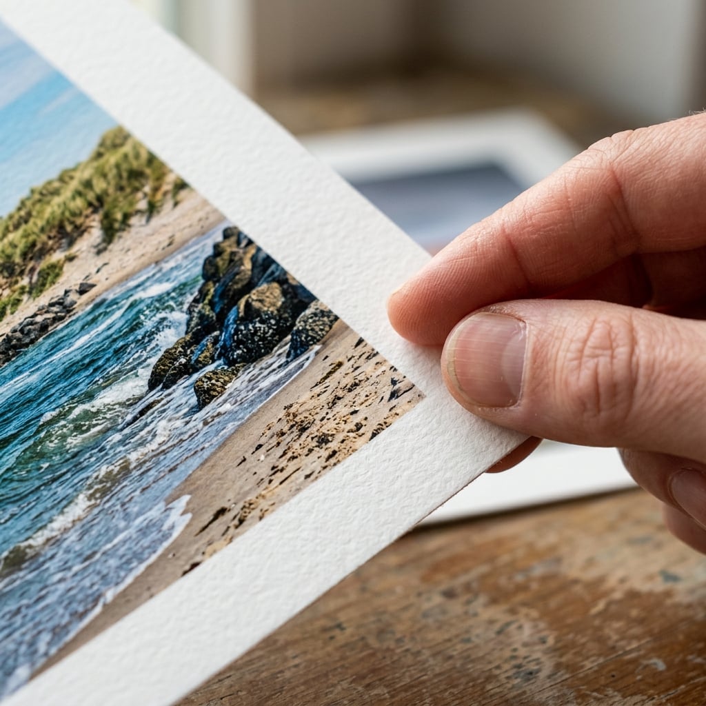 An extreme close-up, macro-style shot of the corner of a high-quality photo print made in Germany. The image shows the fine texture of the matte Hahnemühle-style paper and the rich, saturated colors of the photograph. A person's finger is gently touching the edge of the print, emphasizing the tactile quality and craftsmanship. The focus is sharp on the print's details, perhaps showing a tiny detail from a photo of the Nordsee coast.
