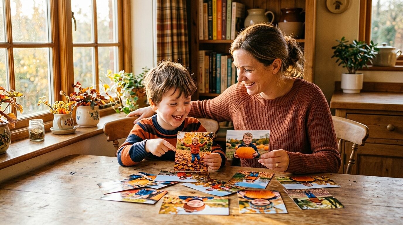 foto magnete selbst gestalten - A warm, cozy indoor scene. A mother and her young son are at a wooden kitchen table, smiling as they look at a collection of small, vibrant photo prints scattered between them. The photos show autumn scenes: jumping in leaves, holding a pumpkin. Golden autumn light streams in through a nearby window. The focus is on their happy interaction with the physical photos.