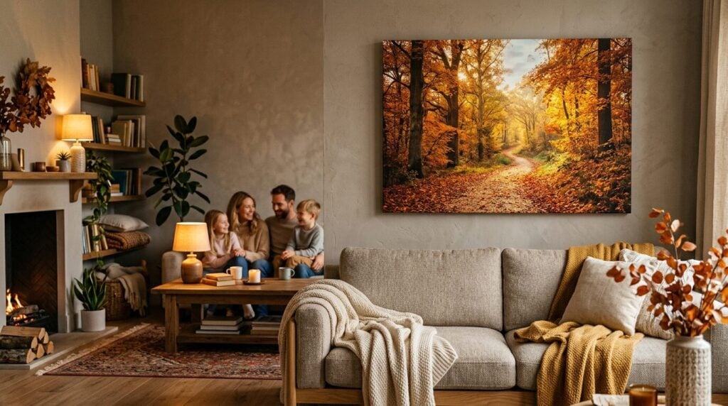 wanddeko herbst - A beautifully styled, warm and inviting living room with a cozy, soft-focus family in the background. The main focus is a large, elegant canvas print hanging above the sofa, displaying a breathtaking photo of a golden autumn forest path bathed in sunlight. The room is decorated with soft blankets and warm, ambient lighting, creating a feeling of comfort and home.