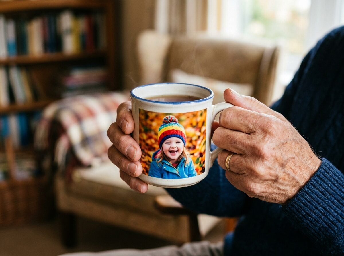 Close-up shot of a grandfather's hands gently holding a personalized ceramic mug. The photo on the mug clearly shows a smiling grandchild wearing a colorful woolly hat against an autumn leaves background. The background of the image is soft and warm, suggesting a comfortable living room.