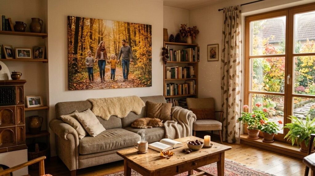 fotoleinwand gestalten - A cozy, warm German living room in autumn. A large, beautiful canvas print of a happy family walking in a golden-leafed forest hangs above a comfortable sofa. Sunlight streams through the window, illuminating dust motes. The overall mood is peaceful, warm, and full of love.