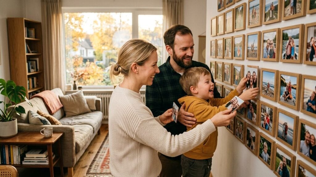 Fotofliesen Angebote Oktober - A warm and inviting German living room with soft, autumnal light streaming through a window. A young family, a mother, father, and a 5-year-old child, are smiling as they collaboratively place the final photo tile onto a gallery wall. The tiles show candid family moments. The focus is on their happy interaction and the cozy home atmosphere.