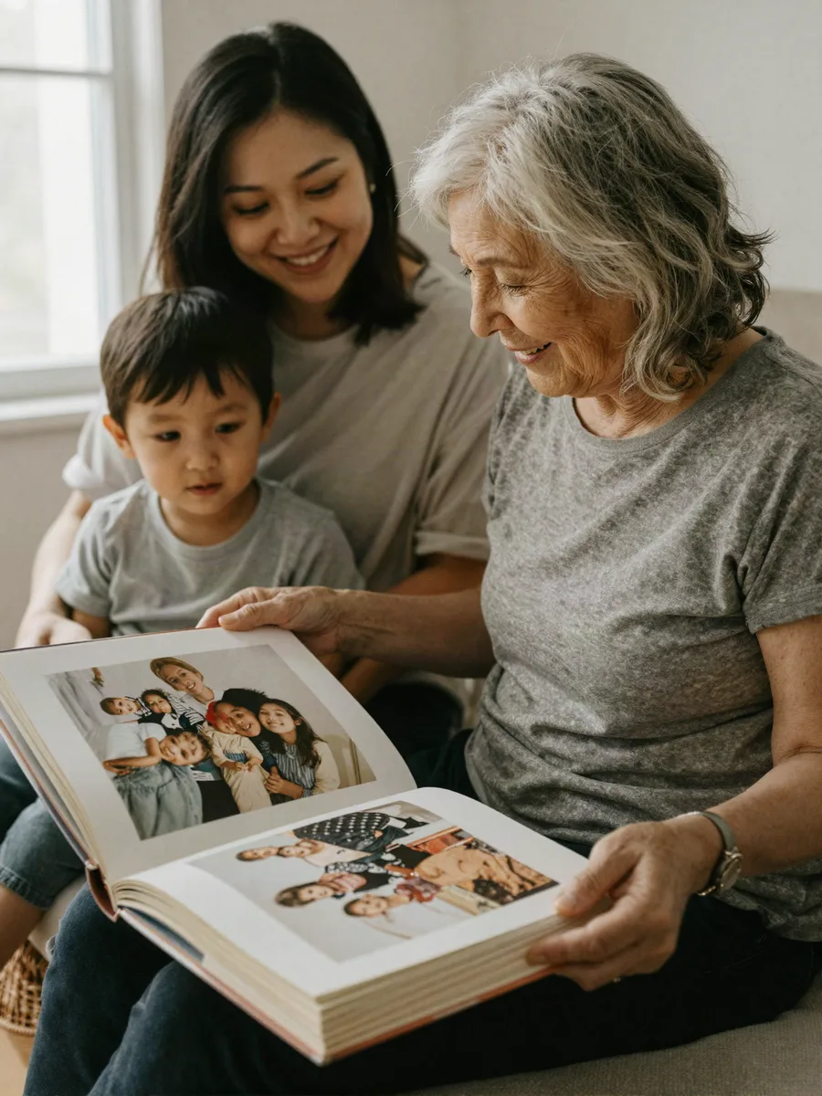 Eine Mutter blättert an ihrem 70. Geburtstag mit Tochter und Enkel durch ein Familienfotobuch
