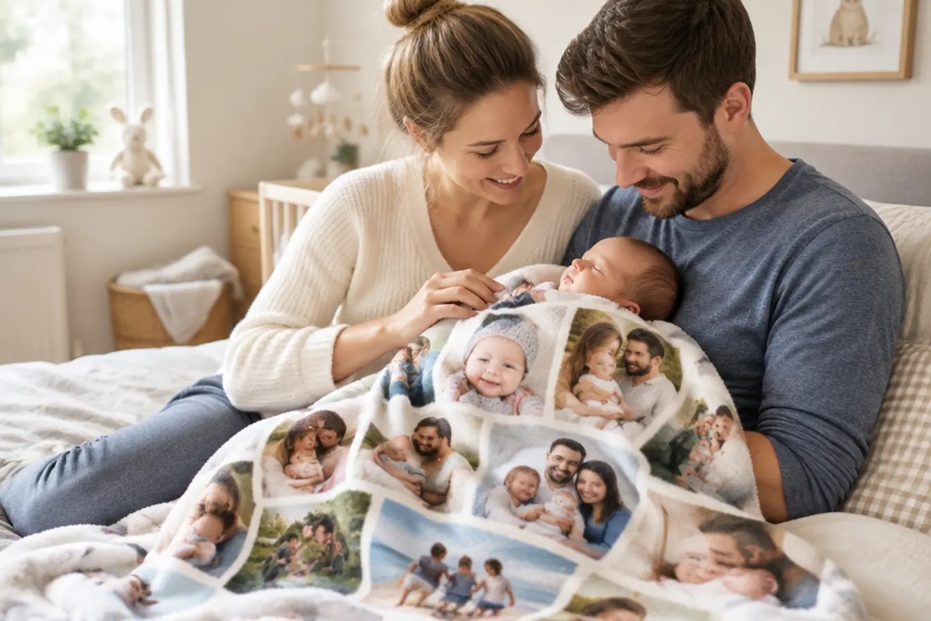 Junge Eltern mit ihrem Neugeborenen, daneben eine Fotodecke