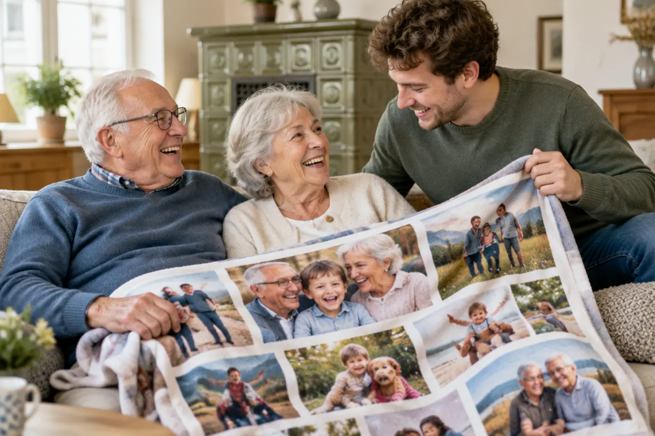 Großeltern und ihr Enkel mit einer Fotodecke voller Familienfotos