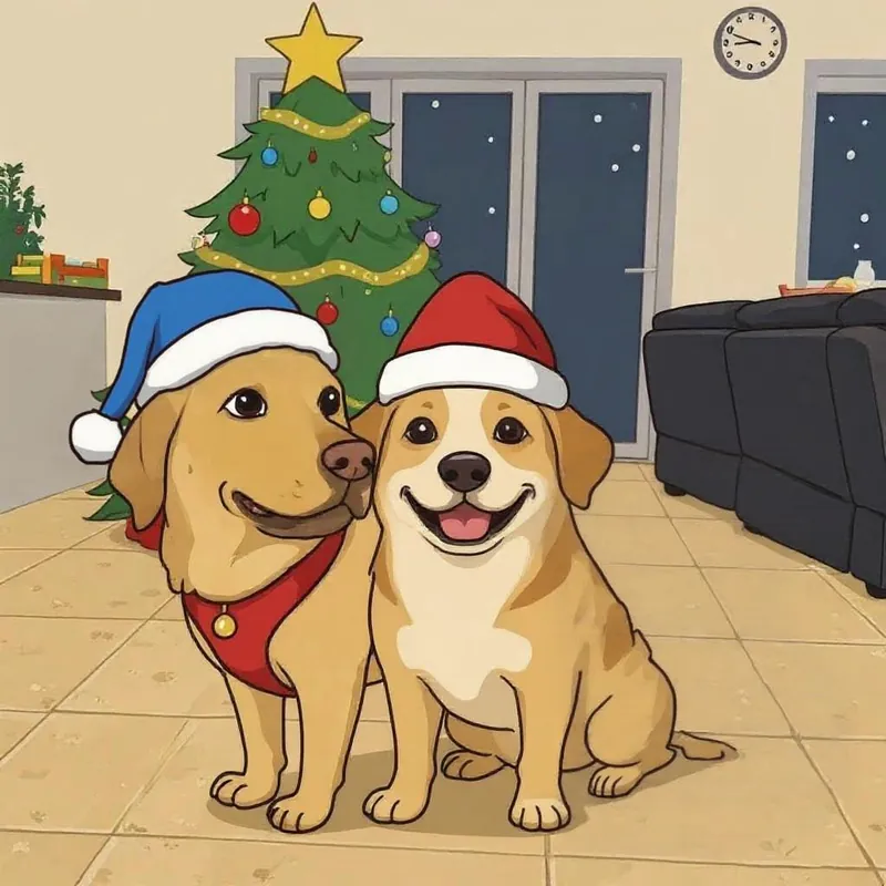 Dieselbe Illustration mit zwei Hunden: Der dritte ist weg, und eine Mütze ist jetzt blau