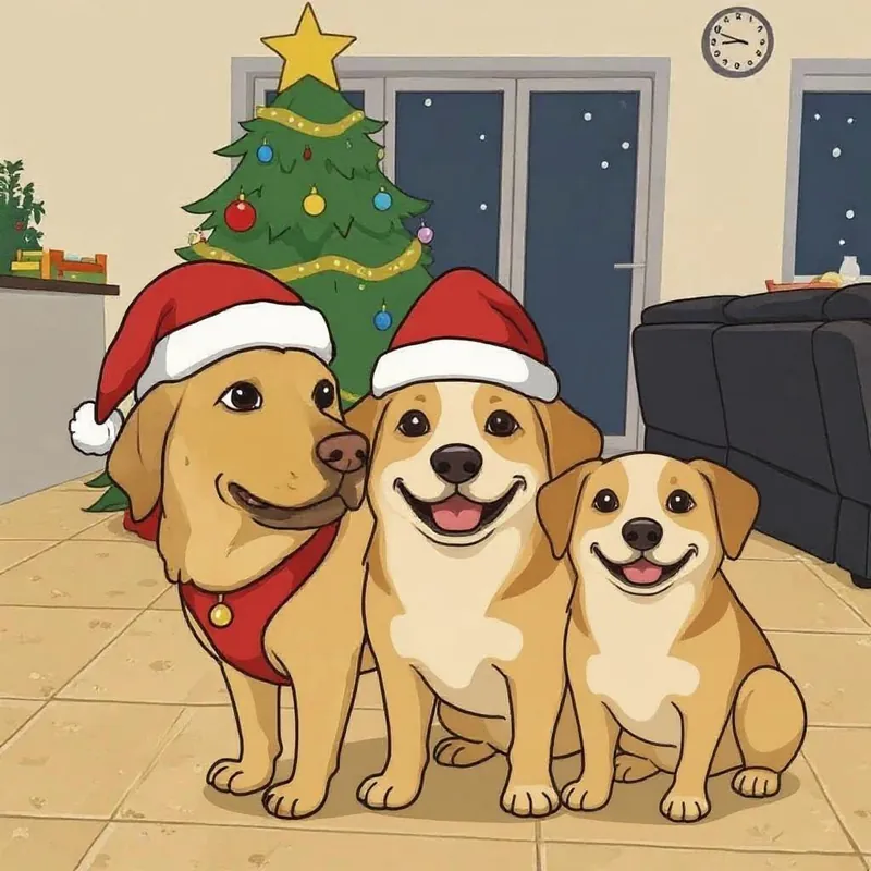 Eine Illustration von drei Hunden mit roten Weihnachtsmützen vor einem Weihnachtsbaum