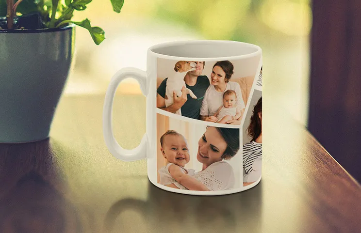 ["Personalised Photo Mugs from Printerpix","Mother and baby holding a custom mug with cartoon design and the text 'Papa' from Printerpix","Personalised photo mug with an image of a crawling baby in an animal onesie","Mother and daughter holding custom-designed photo mugs with family photos","Kissing couple with personalised mugs with text","Personalised photo mug with your own dog photo","","","",""]||||||||||