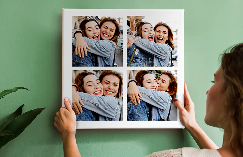 Personalised photo canvas print by Printerpix|Collage canvas print of two happy friends|Canvas print sizes|Mother lovingly kissing her young son on a canvas print|Gallery wall with canvas prints|Canvas print of a couple enjoying their holiday|||||