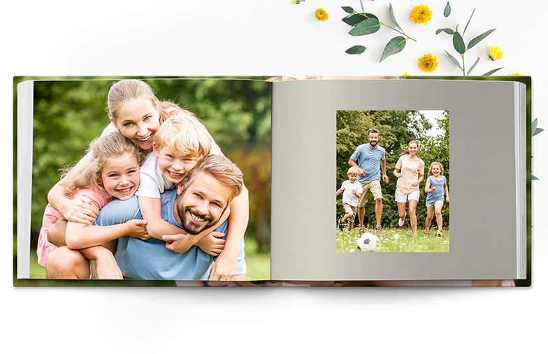 Hardcover Personalised Photo Books by Printerpix|Custom printed Printerpix photo album with hardcover and large photos of an older couple|Personalised photo album book with romantic pictures of a couple and photo cover|Family photo album with custom printed cover and family name|Pet and woman looking at personalised family photo album with custom design|Two people looking at Printerpix photo book with wedding photos and bride|||||