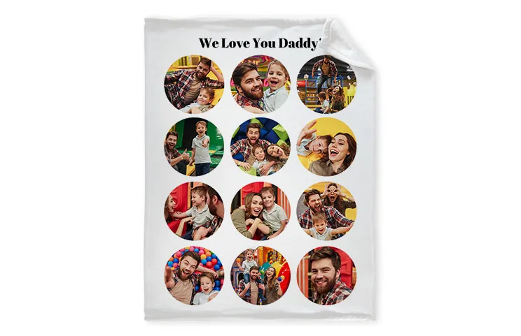 Mink Touch Photo Blanket von Printerpix|Printerpix Photo Blanket mit Familienfotos|Große Photo Blanket auf Doppelbett mit Bild eines Mädchens|Photo Blanket mit Größenvergleich|Photo Blanket Schwarz-Weiß-Collage||||||