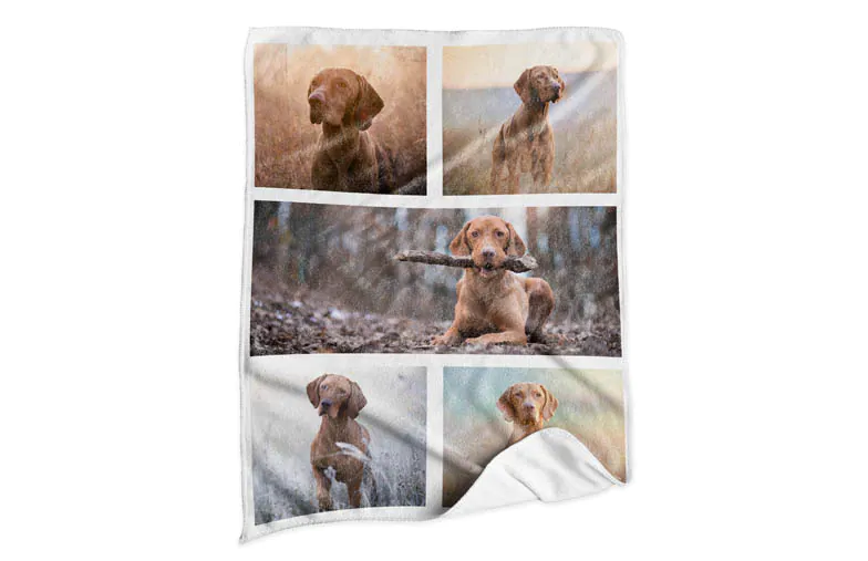 Close-up of the Printerpix personalised dog blanket made from fleece fabric with a photo of a child and dog