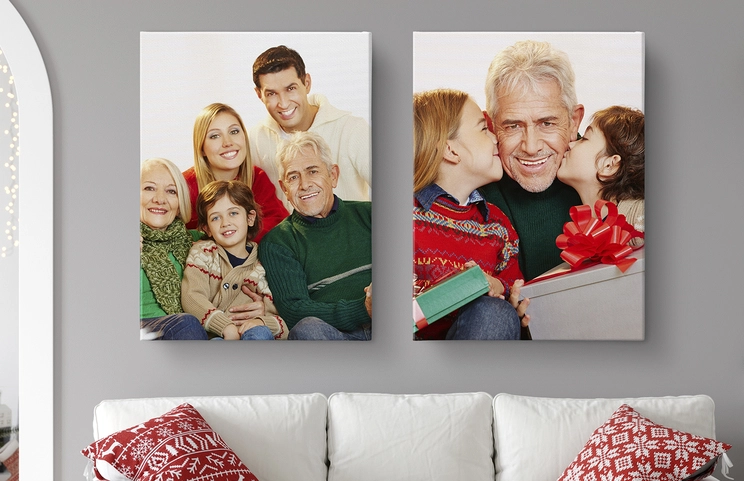 ["Personalised Photo Canvas Prints from Printerpix", "Multiple Portrait Canvas", "Canvas Print Sizes", "Young woman hanging a Printerpix photo canvas with a picture of a baby and dog on the wall", "Bedroom with a custom canvas of a young girl and a dog", "Photo collage of eight custom canvas prints of family photos and holiday scenes", "", "", "", "", ""]||||||||||