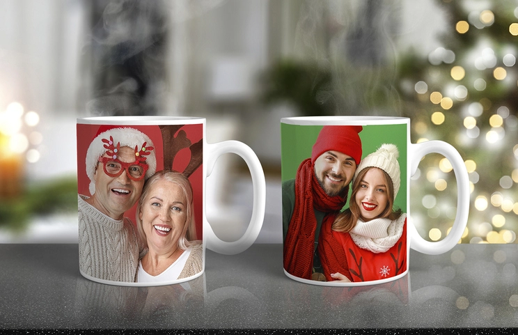 Personalised Photo Mugs from Printerpix|Personalised Photo Mugs - Grandmother with Grandchild and Grandfather with Grandchild|Personalised Photo Mug with Picture of a Crawling Baby in an Animal Onesie|Mother and Daughter Holding Customised Photo Mugs with Family Photos|Kissing Couple with Personalised Mugs with Text on Them|Personalised Photo Mug with Your Own Photo of a Dog|||||
