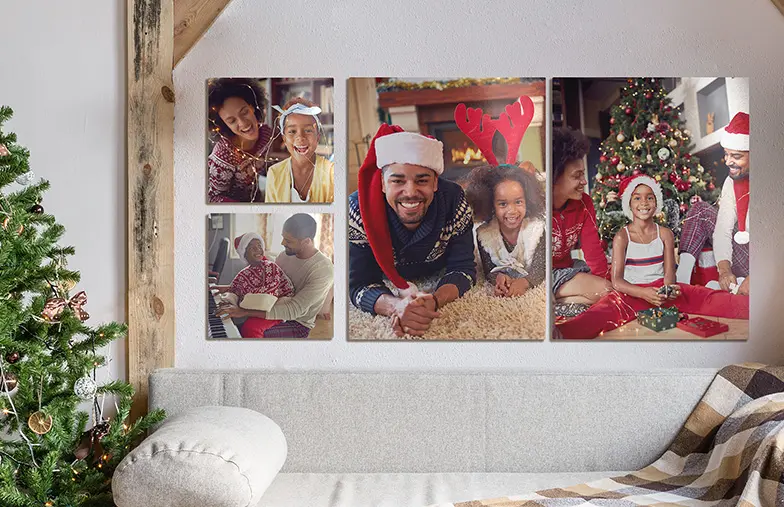 Metal-Fotodruck von Printerpix|Metalldruck|Kleiner quadratischer Metalldruck eines Mannes, der in einen See taucht|Metal-Fotodruck von Mutter und Tochter im Bücherregal|Frau hängt Metalldruck von Freundin und Freund an die Wand|Drei Metal-Fotodrucke in verschiedenen Größen|||||