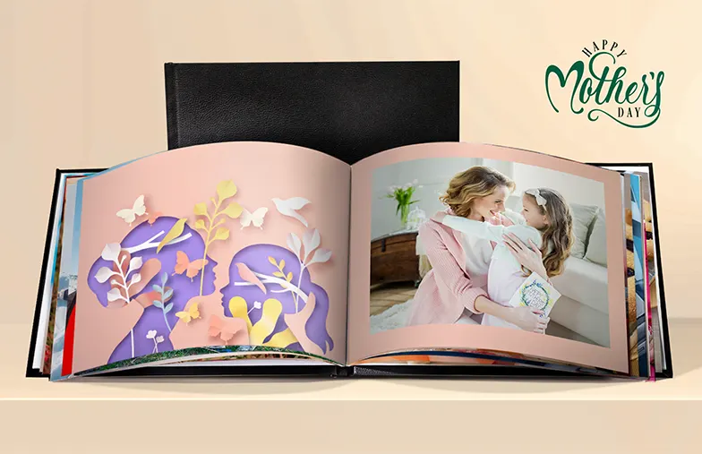 Individually Designed Photo Album Open on the Table with Family Photo Collage