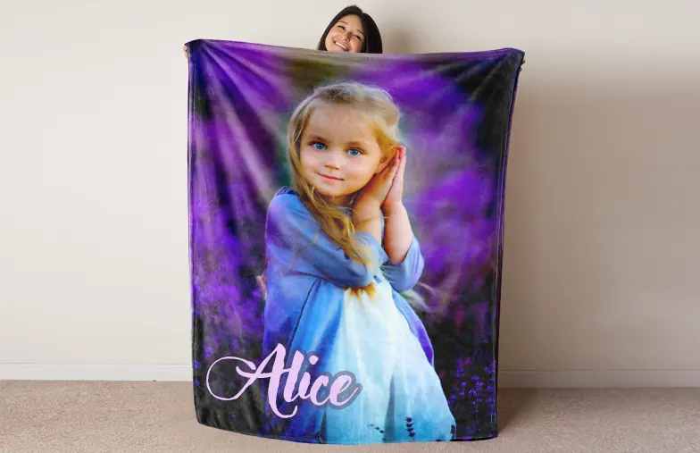 Large Photo Blanket on Double Bed with Image of a Girl