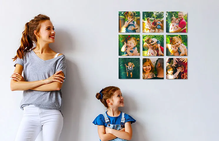 Nine metal photo displays featuring family photos