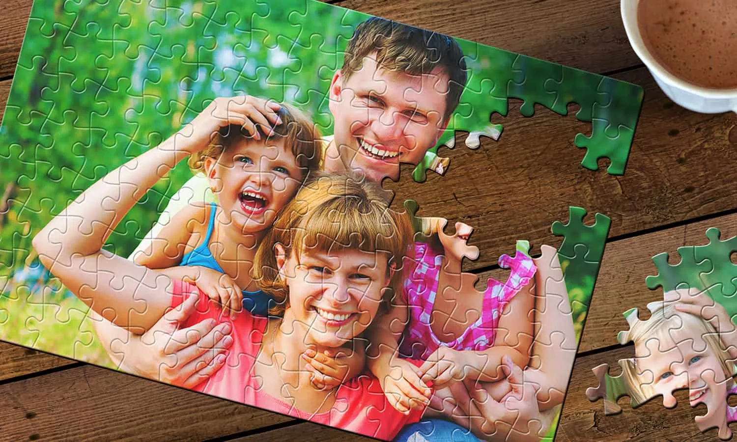 Pink cardboard puzzle with family photo