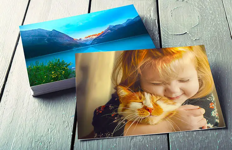 Stapel von Familienfotoabzügen eines Mädchens und einer Katze vom Fotodruckservice