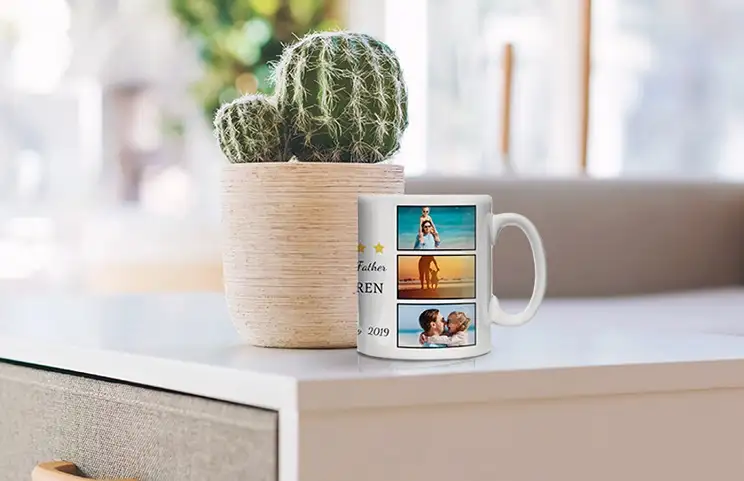 Mum and Baby Holding a Printerpix Cartoon Design Mug with "Dad" Text