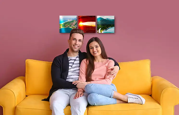 Three metal photo displays featuring landscape photos