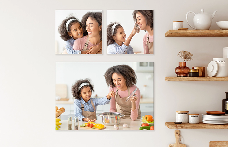 Metal photo print of mother and daughter on a bookshelf