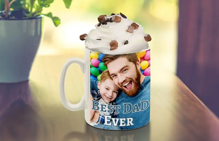 Personalized photo mug with image of a crawling baby in animal costume