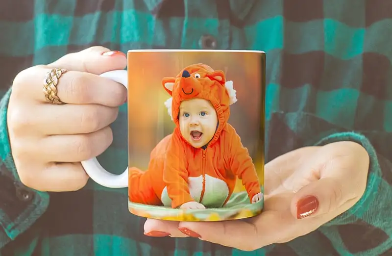 Personalized Photo Mug with Picture of a Crawling Baby in Animal Onesie