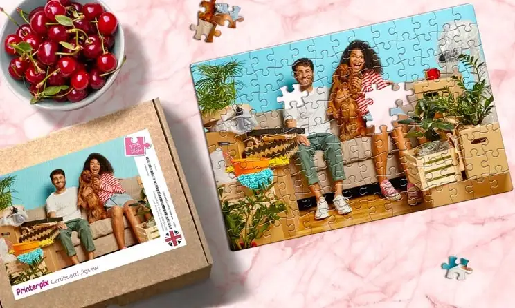 Close-up of personalised cardboard puzzle with family photo