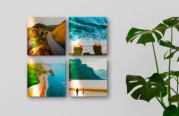 Four metal photo displays featuring holiday photos