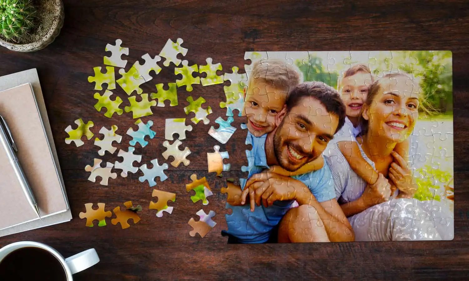 Close-up of a personalized cardboard puzzle with family photo