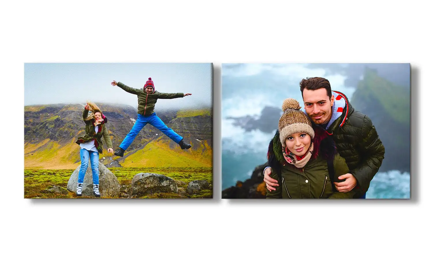 A man has his arm around a woman's shoulder as they sit in a bathtub, looking at a red wall with 3 canvas prints