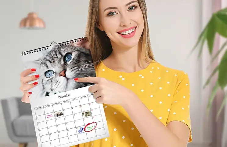 Hundefotos auf individuell gestaltetem Fotokalender an der Wand aufgehängt